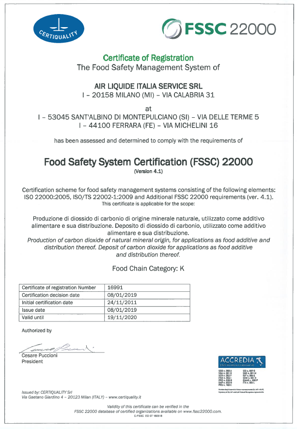 Document istoric FSSC 22000 emis pentru Air Liquide Italia Service SRL