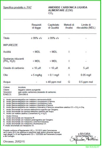 Imagine din PDF: specificație produs și puritate CO2